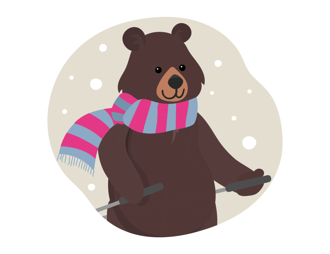 Illustration von einem Bär mit Schal und Skiern
